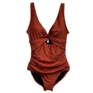 DKNY Keyhole Twist Front Rouched One Piece Terracotta Swimsuit Orange Sz M NEW
